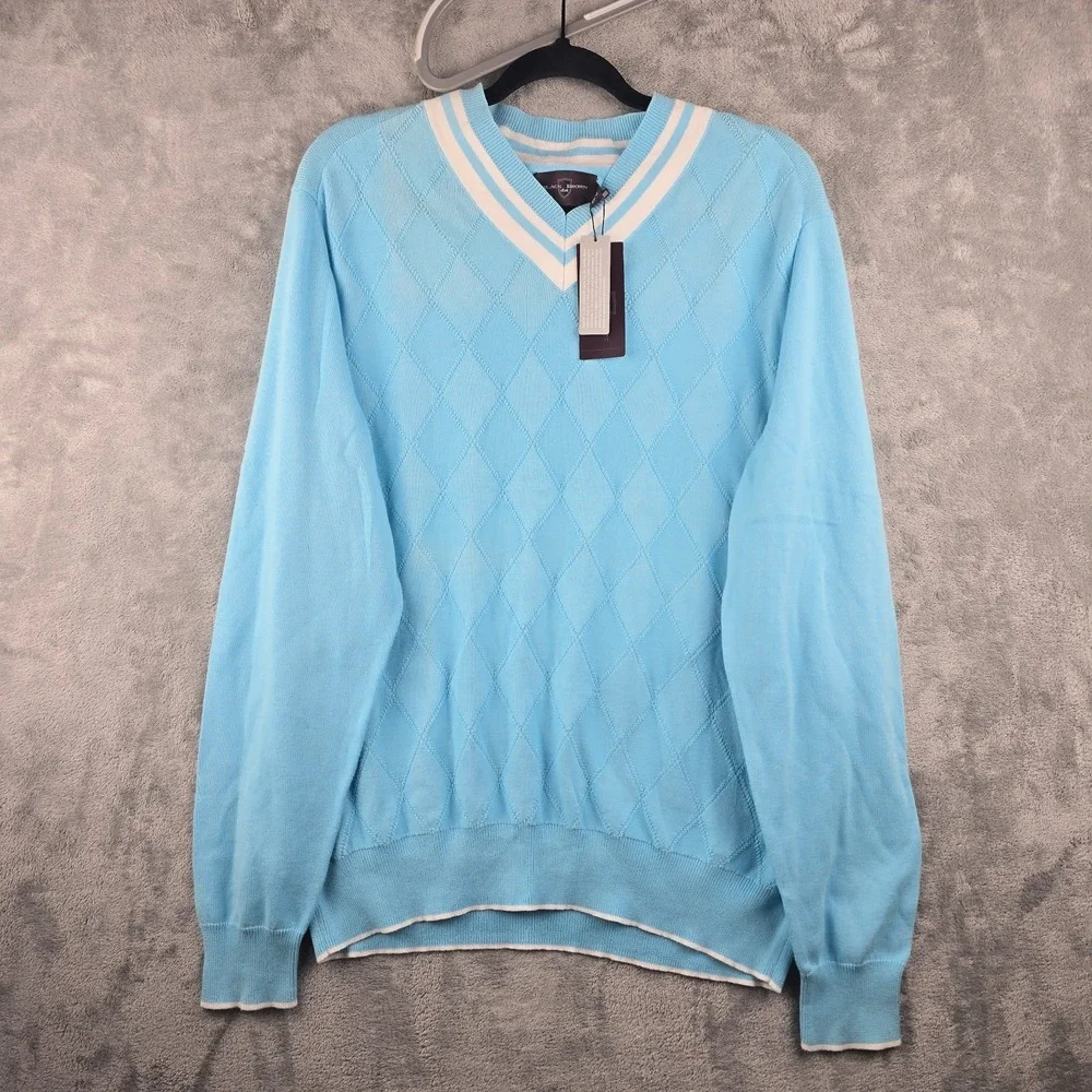 Black Brown 1826 Varsity Sweater Mens Size Large Blue Golf Light V-Neck Pullover